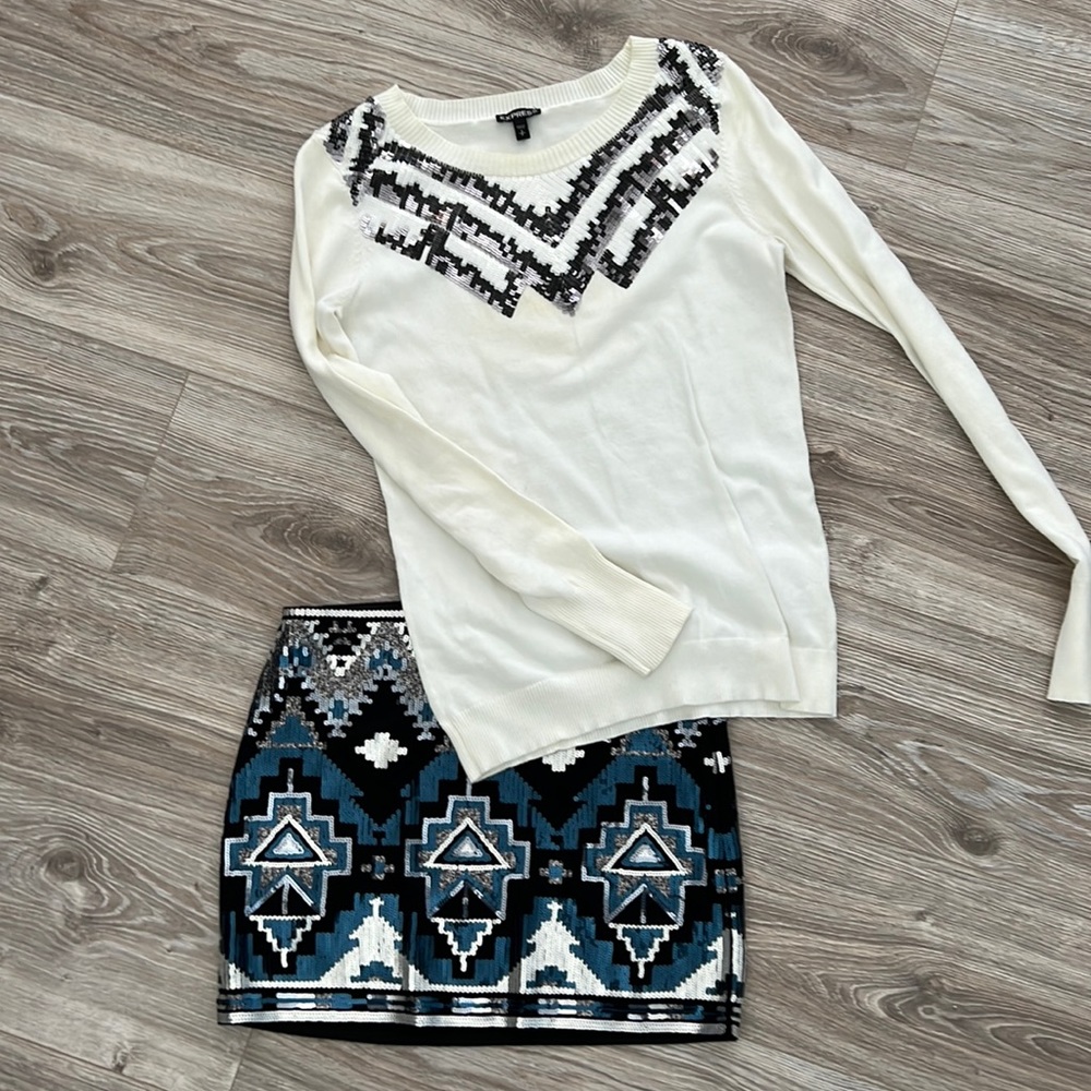 Sequined sweater and mini skirt from Express